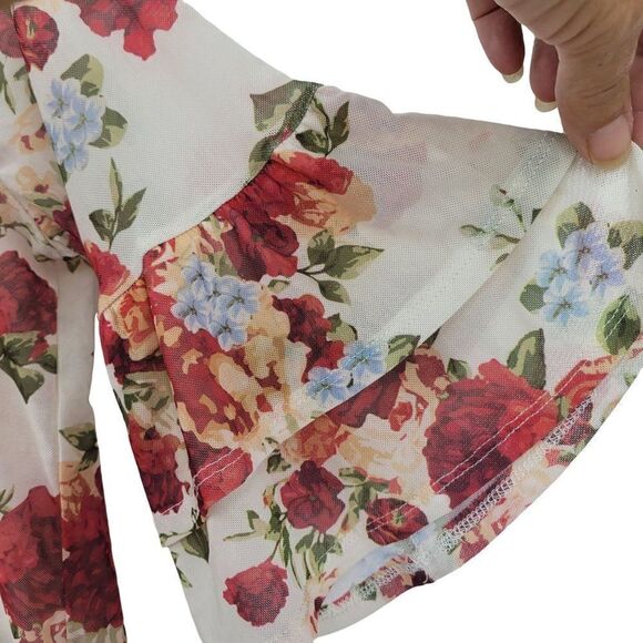 Y2K Blouse XS Cream Blossom Flower Sheer Mesh Tiered Ruffle Sleeve Cottage Core - Picture 5 of 11